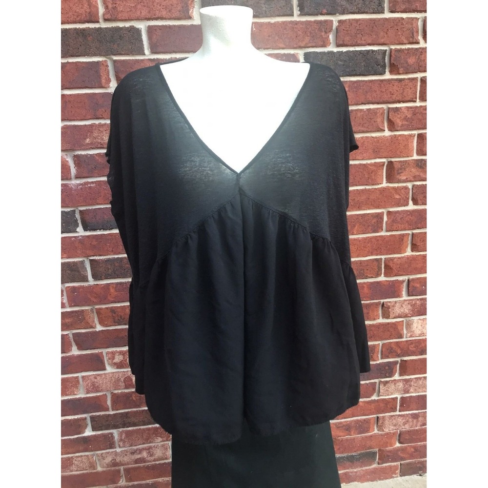 Enza Costa Black Rayon Linen V-Neck Dolman Babydoll Top L - Picture 4 of 5
